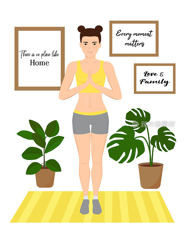 Young pretty woman practicing yoga exercise on the mat at home with a homeplants. Healthy indoors workout, fitness activitiy, breathing exercise, meditation. Vector illustration isolated